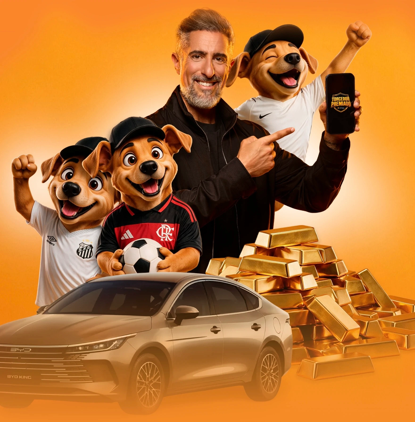 Marcos Mion e os mascotes do Torcedor Premiado com um BYD 0km e barras de ouro